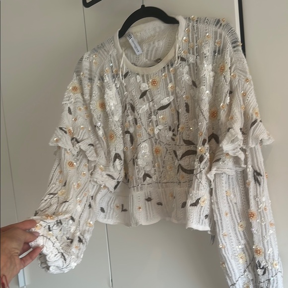 Zara Tops - Elegant Cream and Black Ruffled Crop Blouse